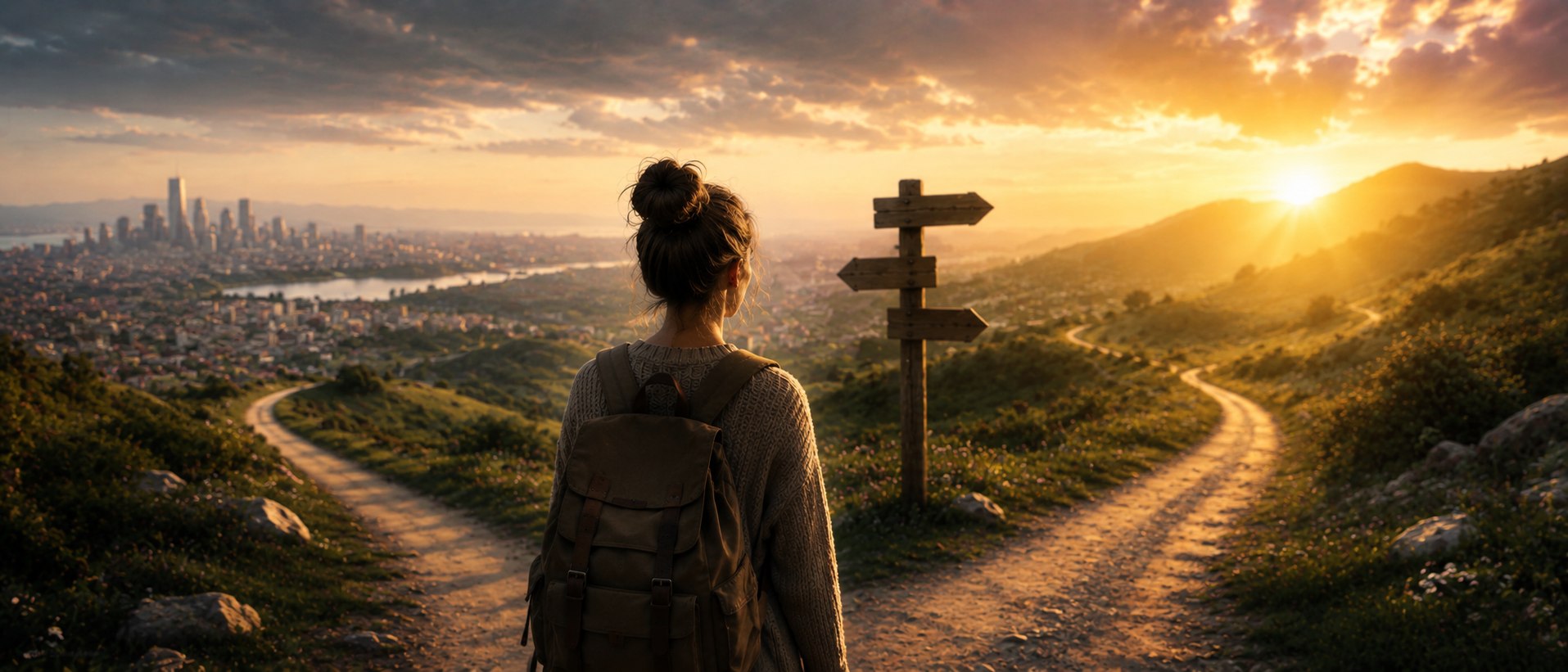 Eine Frau mit Rucksack steht am Wegweiser über einer Stadt im Abendlicht und blickt auf zwei mögliche Wege.